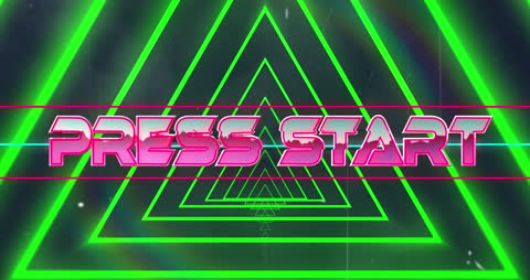 Neon Green Abstract Tunnel with Retro Press Start Text