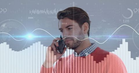 Man holding phone listening with futuristic data overlay and analytics dashboard