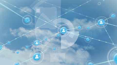 Digital Network Connections Overlaid on Cloudy Sky