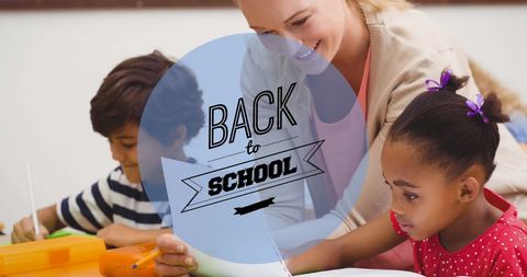 Diverse Students and Teacher in Classroom with Back to School Banner