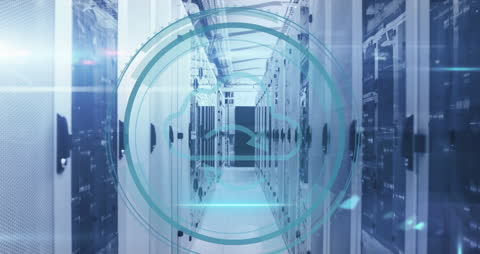 Cloud Icon with Cybersecurity Overlay in Modern Server Room