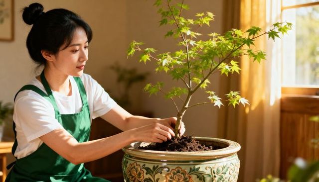 Woman repotting indoor maple in ornate ceramic planter with sunlit window, home gardening