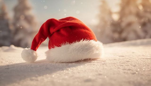 Red Santa Hat Lying on Sparkling Snow with Forest Bokeh and Warm Winter Sunlight