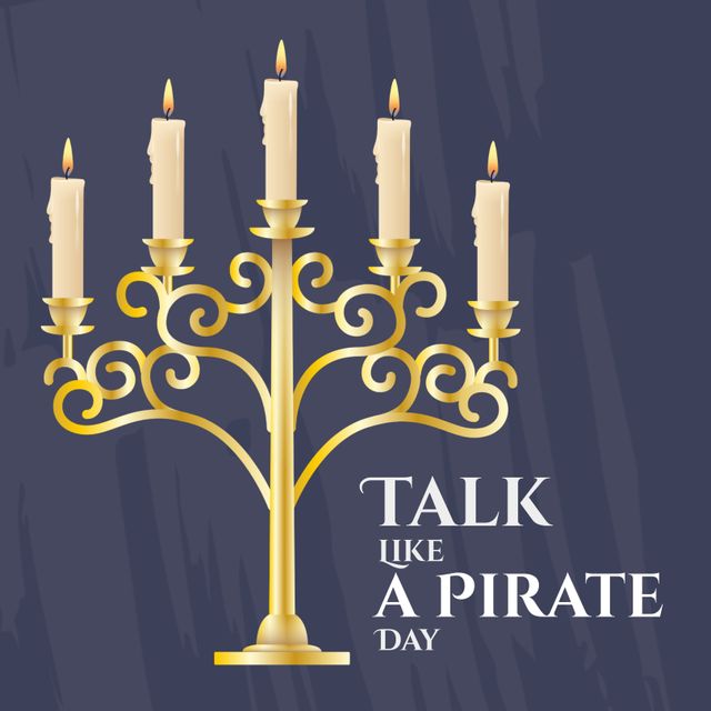 This illustration showcases lit candles on an ornate stand against a grey background with 'Talk Like a Pirate Day' text. Ideal for use in holiday promotions, event invitations, social media posts, or themed blog content. Enhances visual interest and attracts attention for pirate-themed festivities.