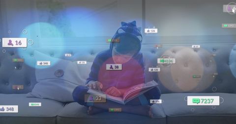 Child Engaging with Book Amidst Social Media Presence