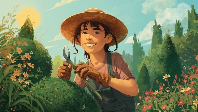 Young gardener trimming topiary in sunlit cottage garden wearing straw hat and gloves