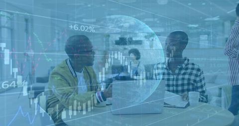 Discussing digital analytics and global strategy at open-plan workspace with data overlay