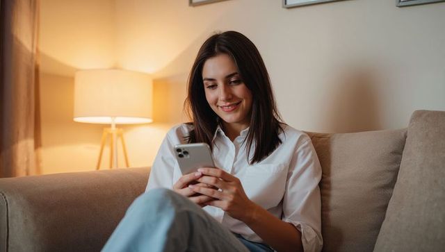 Young woman scrolling smartphone on cozy beige sofa, warm living room lighting, relaxed