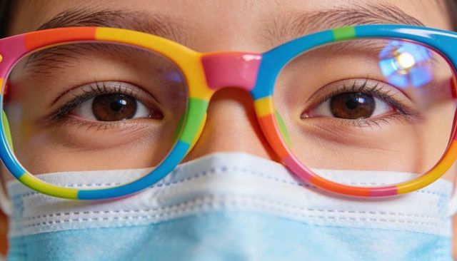 Close-up child wearing rainbow glasses and blue surgical mask with brown eyes