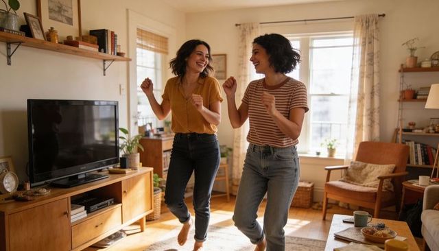 Friends dancing barefoot in sunlit living room, cozy apartment joy and connection