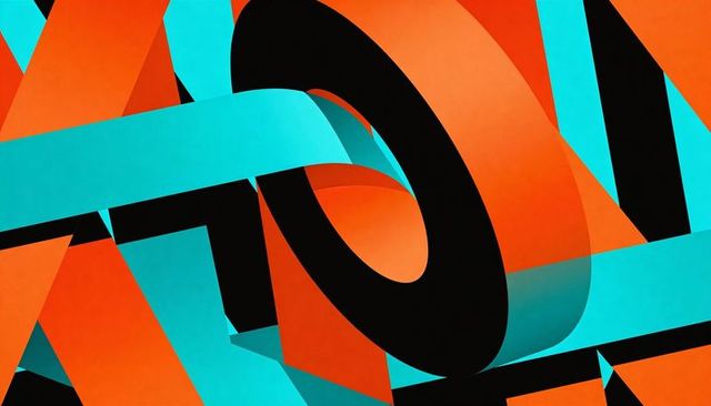 Turquoise and orange ribbon sculpture encircling black oval void with bold abstract depth