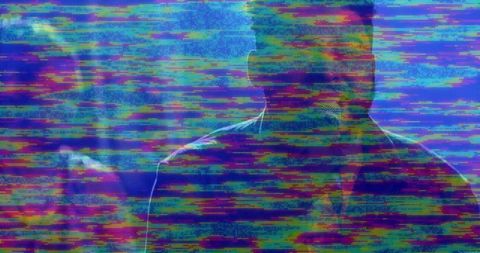 Abstract digital art with pixelated color bands on male silhouette