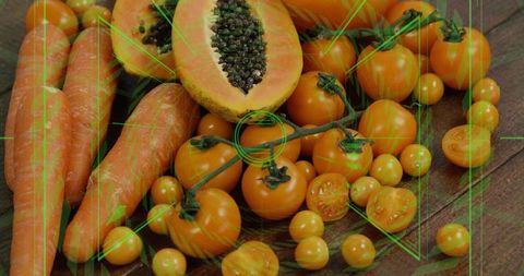 Vibrant Arrangement of Fresh Papaya, Carrots, and Tomatoes