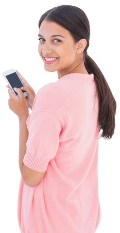 Transparent young woman texting with smartphone in pink outfit