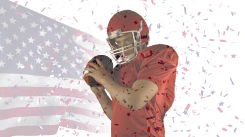 American Football Player Celebrating with USA Flag and Confetti