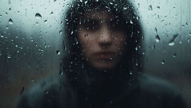 Mysterious figure through raindrop-covered window pane