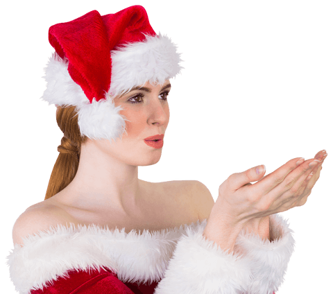 Woman in santa costume holding hand communicative gesture transparent