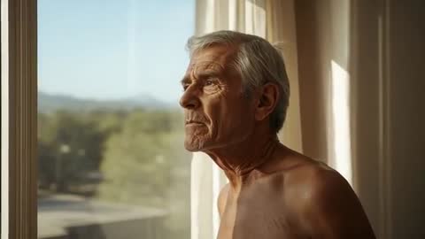 Senior man standing at window, gazing into distance and contemplating in morning sunlight