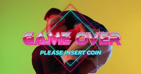Game over screen with rugby players on colorful background