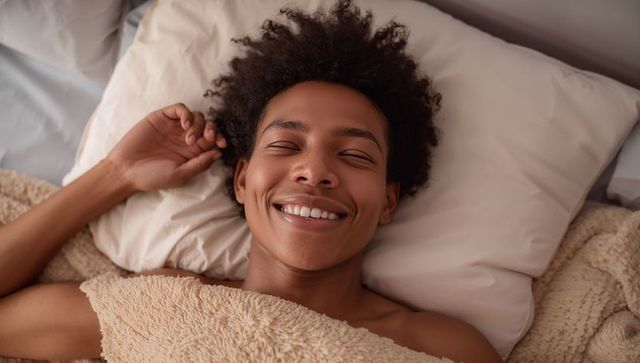 Young man smiling while waking up in cozy bed with plush blanket closeup natural light