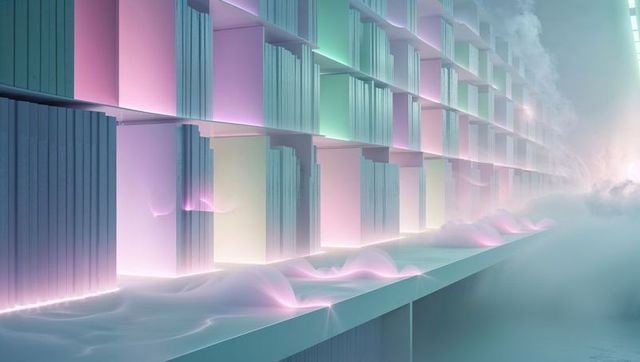 Futuristic misty corridor with glowing pastel shelves