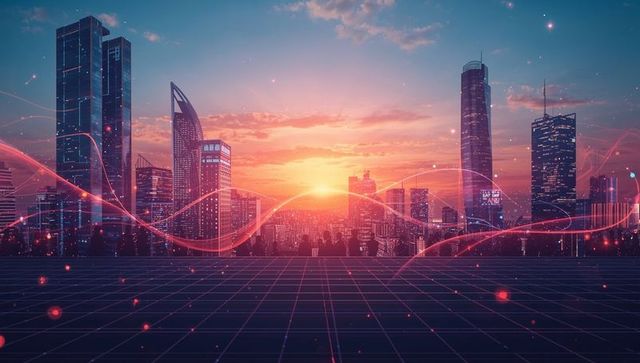 Futuristic Neon Skyline at Sunset with Digital Grid and Light Trails
