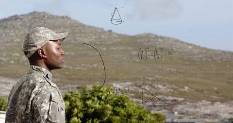 African american soldier in camouflage uniform with math diagrams over rugged terrain