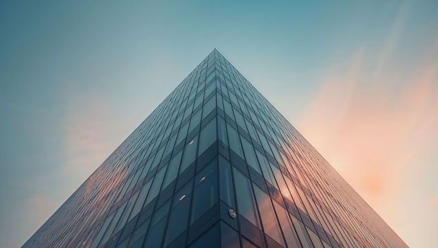Modern glass skyscraper rising to apex with sunset reflections and geometric symmetry