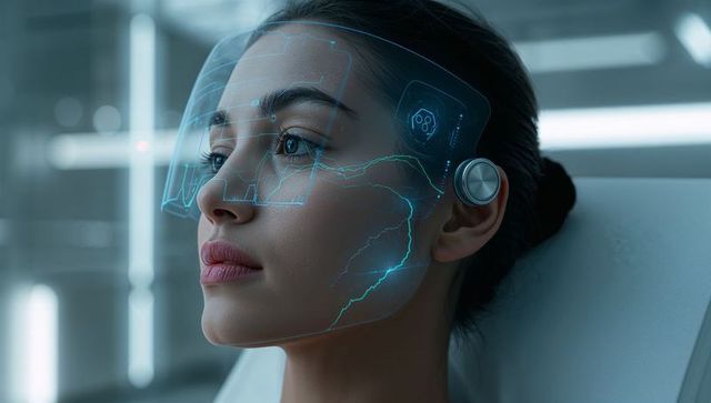 Woman wearing holographic visor and ear interface interacting with ai diagnostics hud