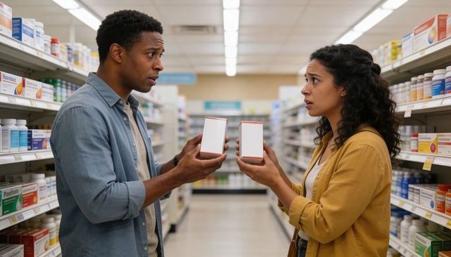 Couple comparing medication boxes in pharmacy aisle showing concerned healthcare decisions
