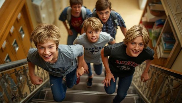 Joyful students climbing stairs in school corridor embracing learning journey