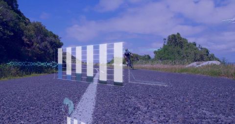 Cyclist on Rural Road Showing Digital Innovation and Performance Data