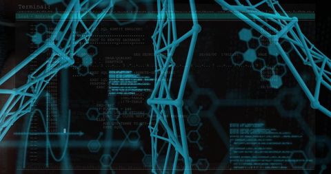 Visualizing Cyan 3D Network Lattice with Pulsing Terminal HUD and Hexagonal Data Grid