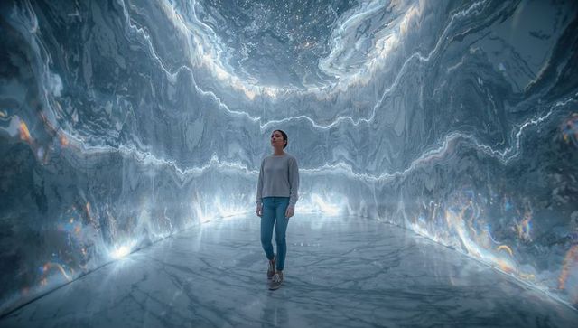 Woman walking through luminous marble cavern with swirling iridescent walls