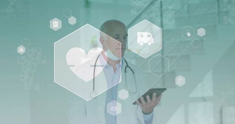 Doctor consulting via tablet in hospital corridor with telemedicine icons and cyan overlay