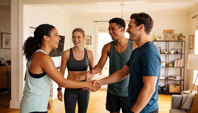 Friends finishing home workout, shaking hands and celebrating shared fitness milestones
