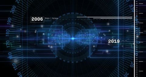 Pulsing data hub radiating bright blue core in sci-fi dashboard with 2006-2019 markers