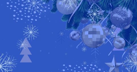 Festive Branch with Baubles and Snowflakes on Blue Background