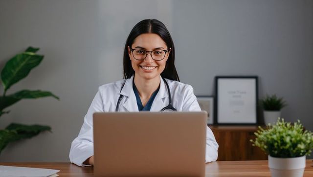 Female doctor smiling at laptop during telehealth consultation in modern clinic