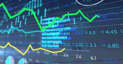 Abstract Financial Data Display with Trend Lines and Bar Charts