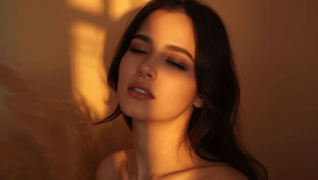 Sunlit serene portrait of model tilting back with closed eyes and amber window shadow