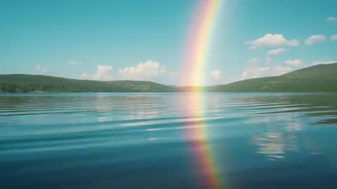 Rainbow Reflection Dancing Across Tranquil Lake Waters