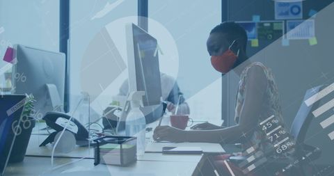 Businesswoman wearing face mask analyzing financial data in office