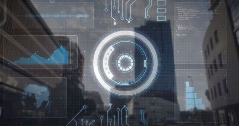 Futuristic Holographic HUD Interface in Urban City Setting