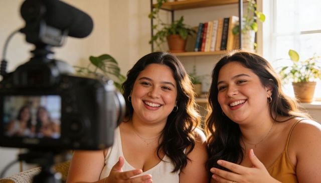 Two content creators filming lifestyle vlog on cozy living room couch with dslr microphone
