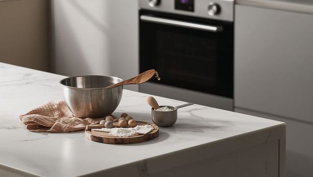 Stainless steel mixing bowl with wooden spoon on marble island for minimalist baking prep