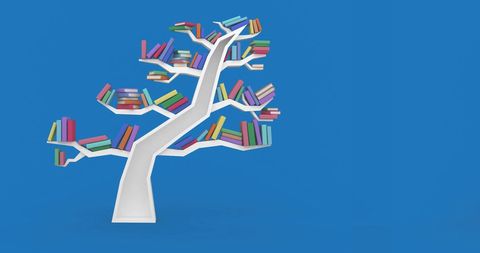 Artistic bookshelf tree with colorful books on blue background