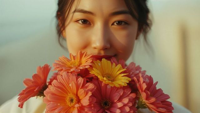 Woman Holding Vibrant Daisies on Rooftop at Sunset