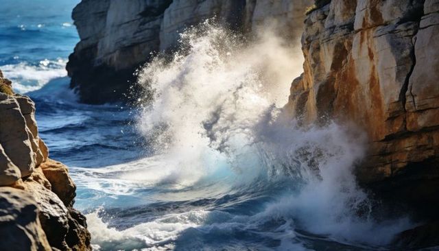 Crashing ocean wave spraying white mist against sunlit limestone cliff at rocky inlet