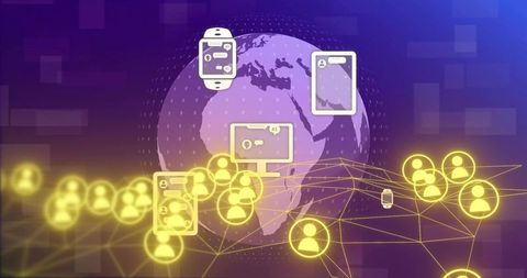 Global digital network with glowing user avatars and connected devices in neon cyberspace